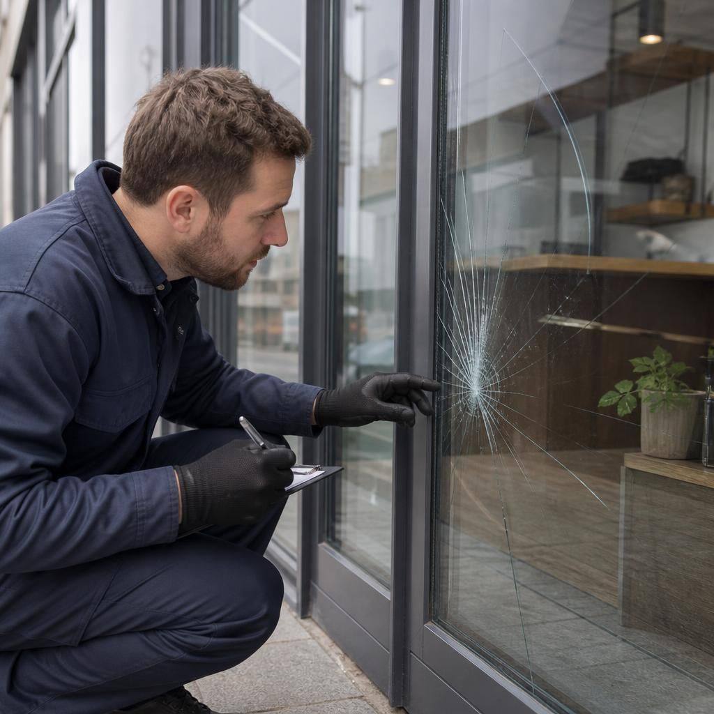 Glazier inspecting a damaged glass pane within an aluminium shop front frame
