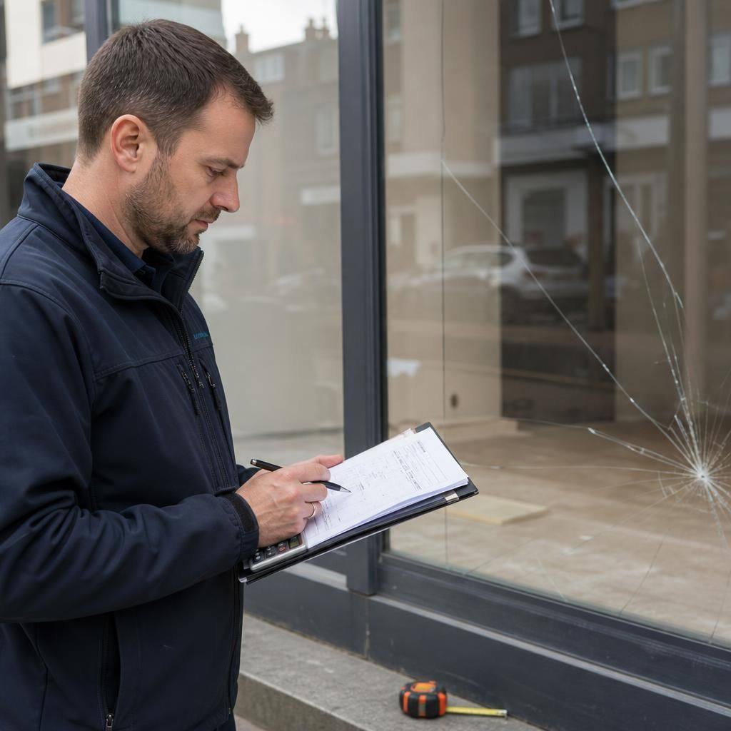 Glazier reviewing measurements and notes for a damaged shop front window