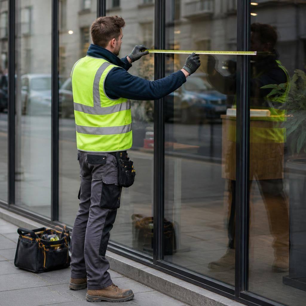 Glazier measuring a shop front pane beside a commercial entrance