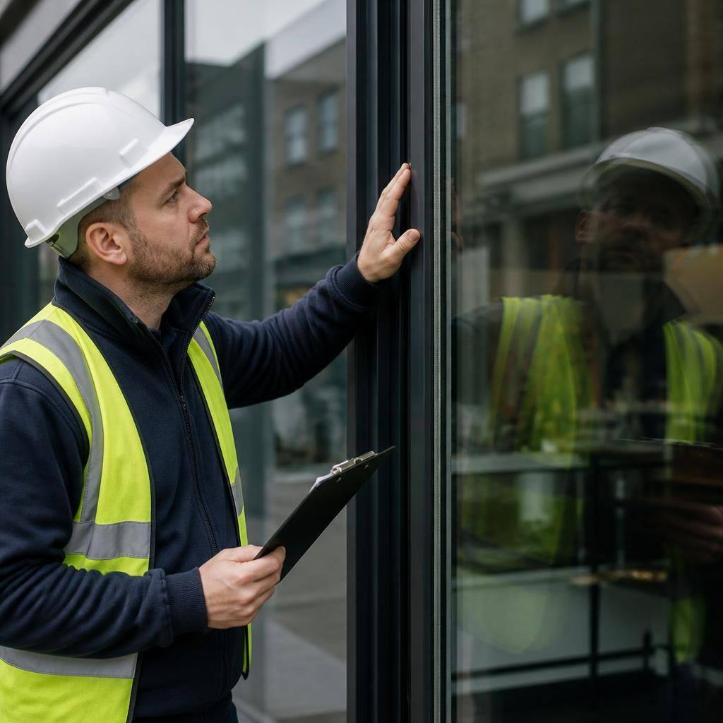 Glazier inspecting glass fitted within a shop front frame