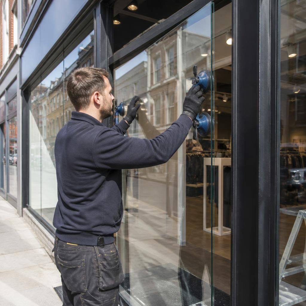 Glazier fitting a replacement pane into a commercial shop front