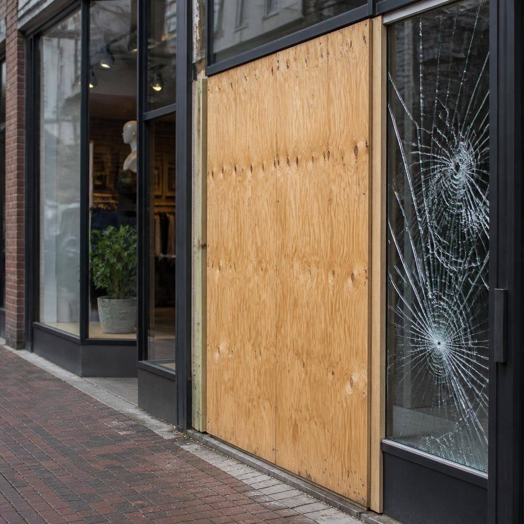 Damaged shop front glass with temporary boarding around the affected pane