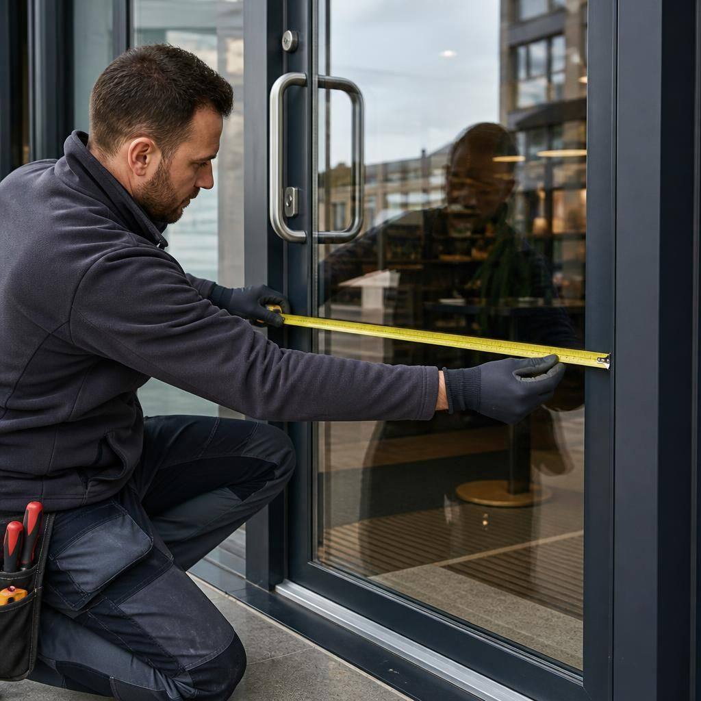 Glazier measuring a glass pane in a commercial shop front door