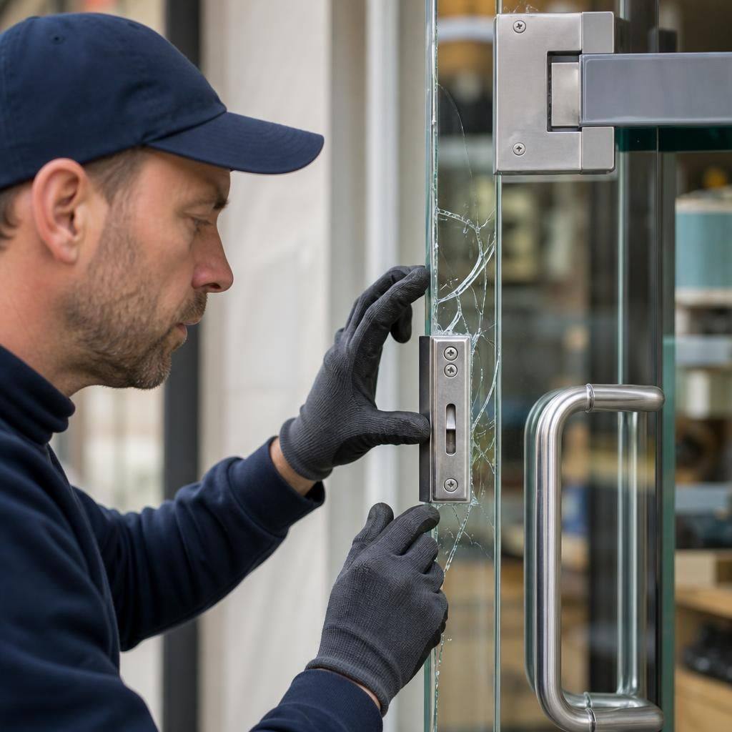 Glazier checking the edge and fittings of a damaged shop front door pane