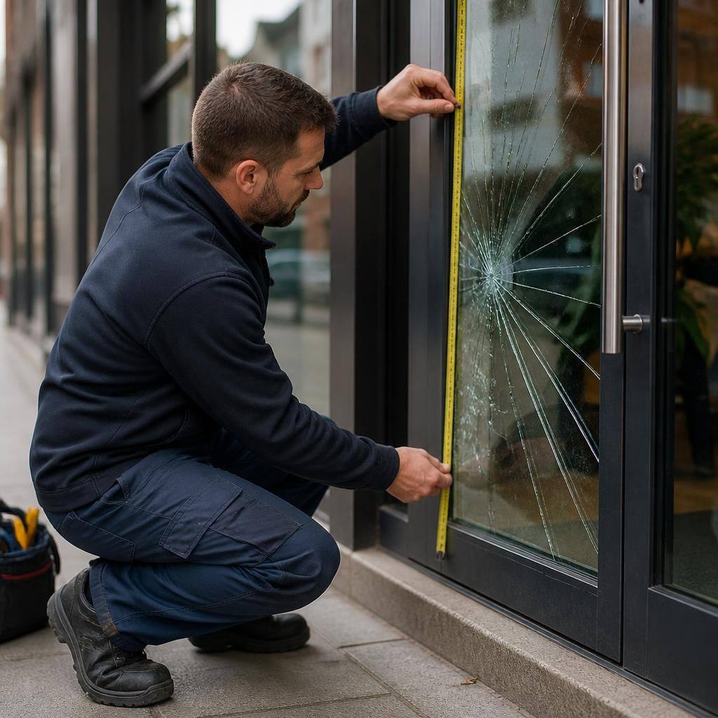 Glazier measuring a damaged glass panel in a shop front door