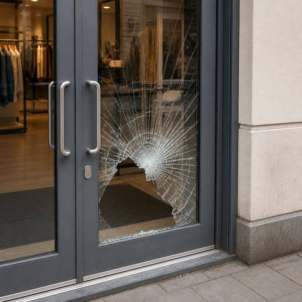 Shop front door with a damaged glass pane and surrounding frame