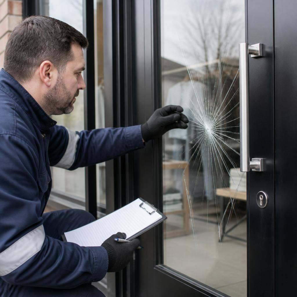 Glazier inspecting damaged glass in a commercial shop front door