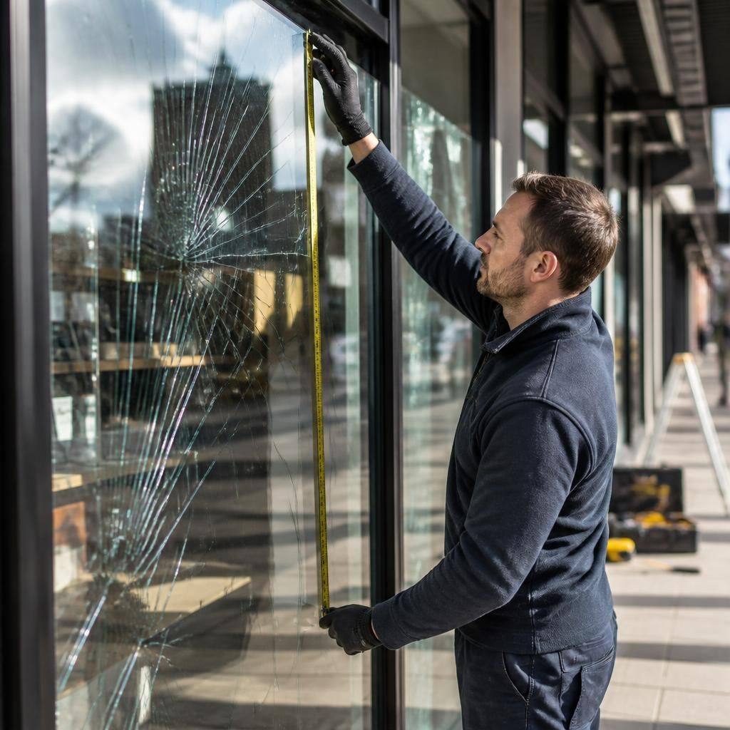 Glazier measuring a damaged glass pane in a shop front