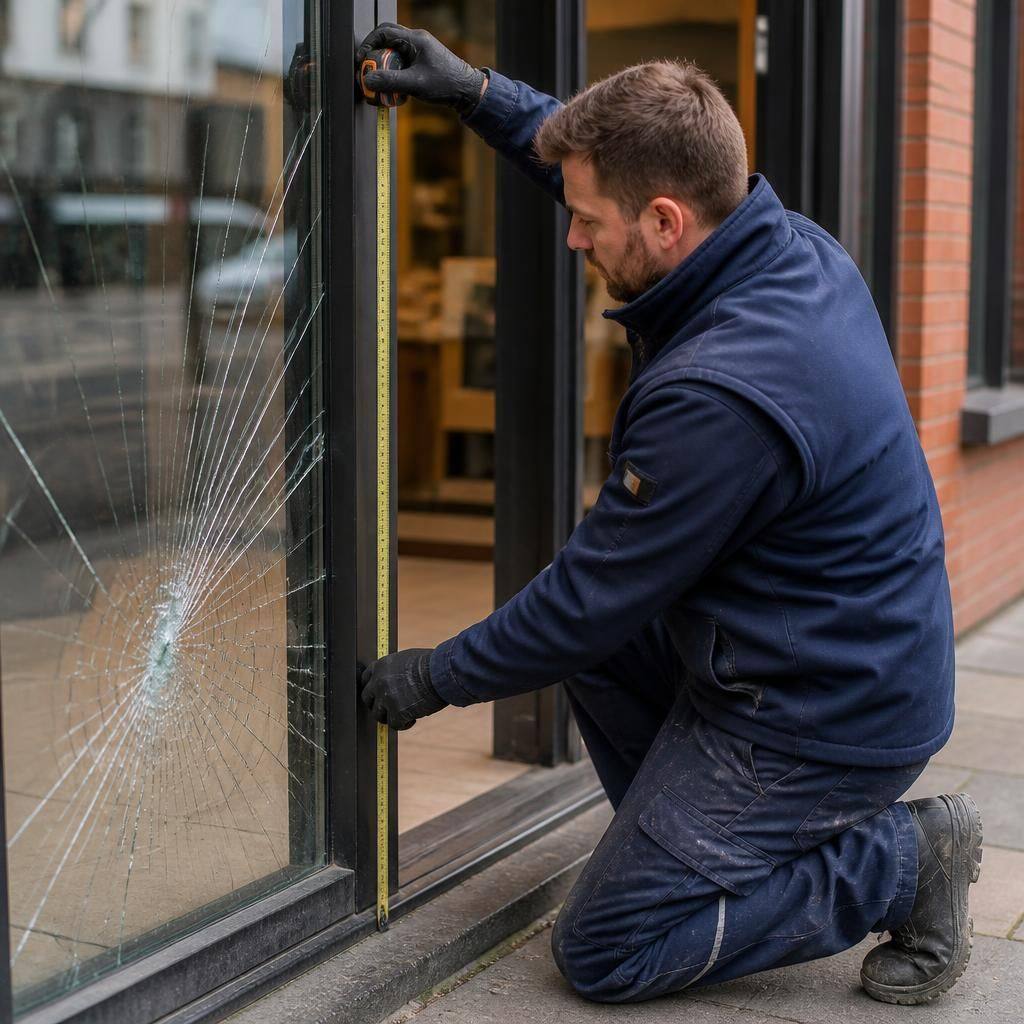 Glazier measuring a damaged shop front pane beside the entrance frame