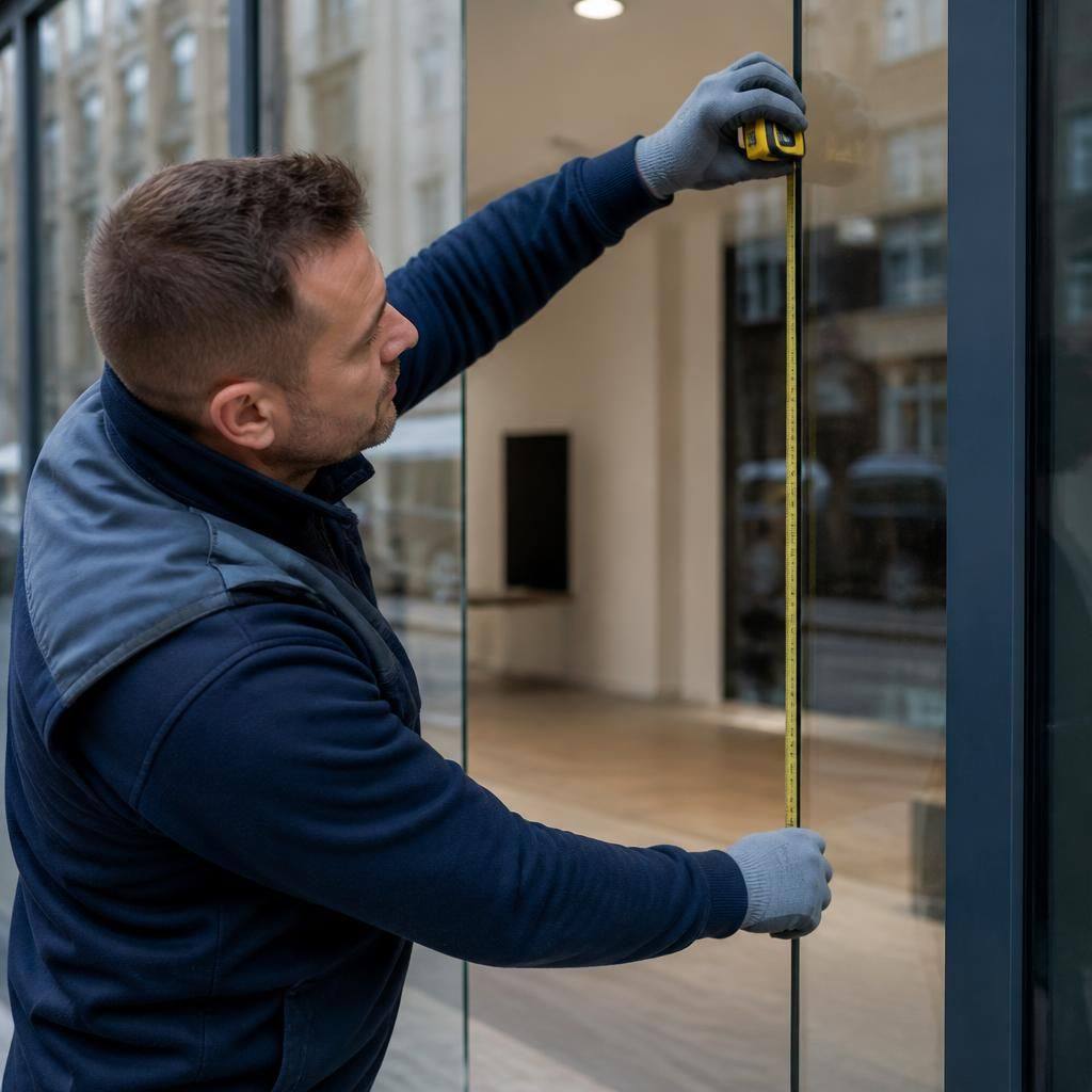 Glazier measuring a replacement glass pane in a commercial shop front frame