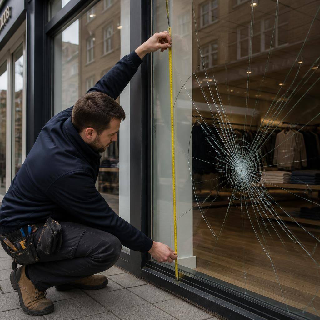 Glazier measuring a damaged glass shop front with a tape measure
