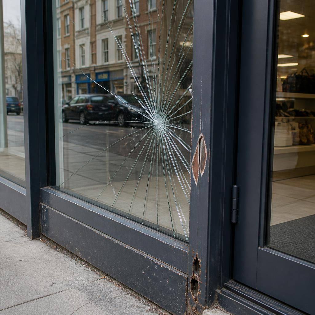 Commercial shop front with a cracked pane and damaged glazing frame