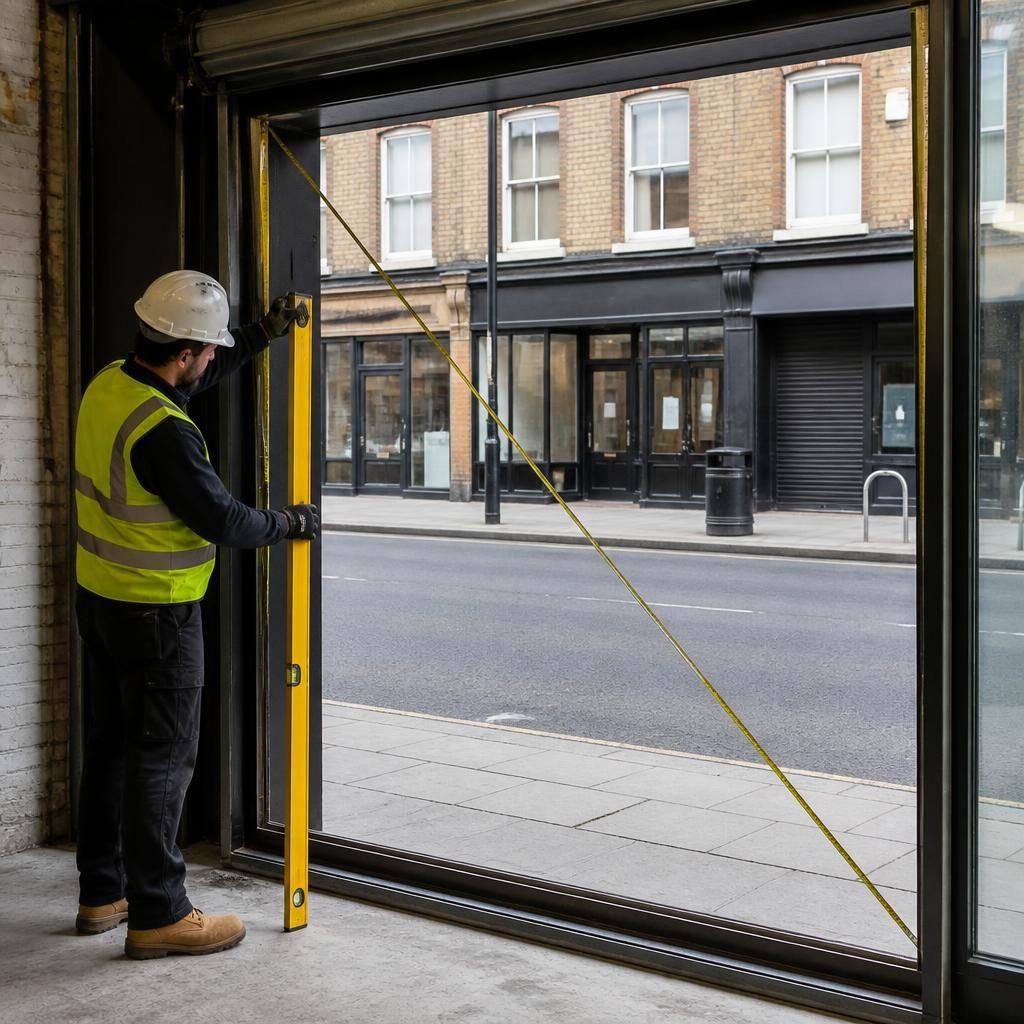 Surveyor checking a commercial shop front opening with a tape measure and spirit level