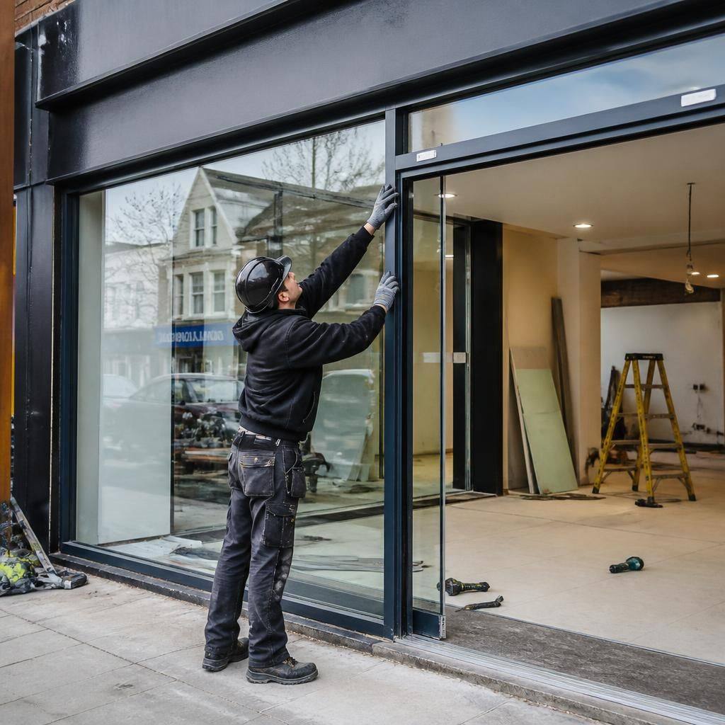 Installer fitting glass panels and aluminium framing to a commercial shop front