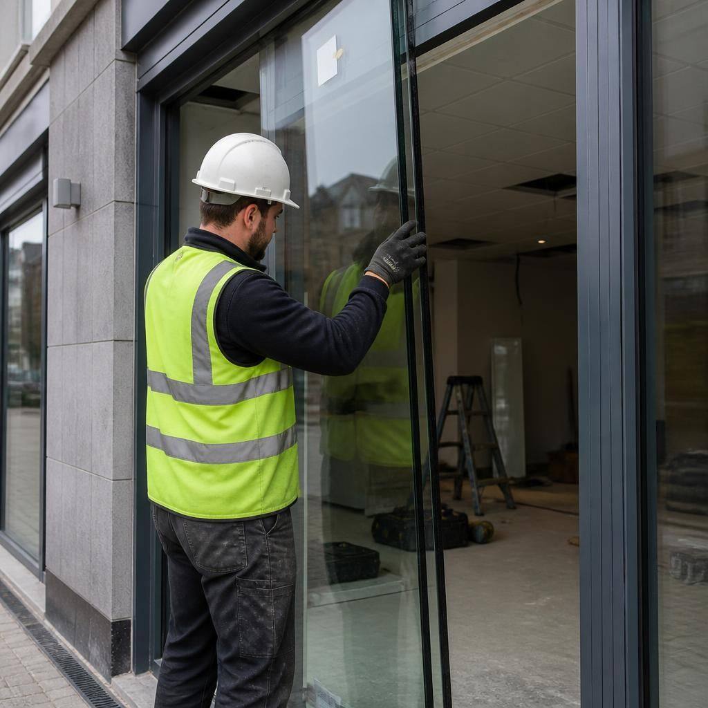 Glazier positioning a glass panel within a commercial shop front