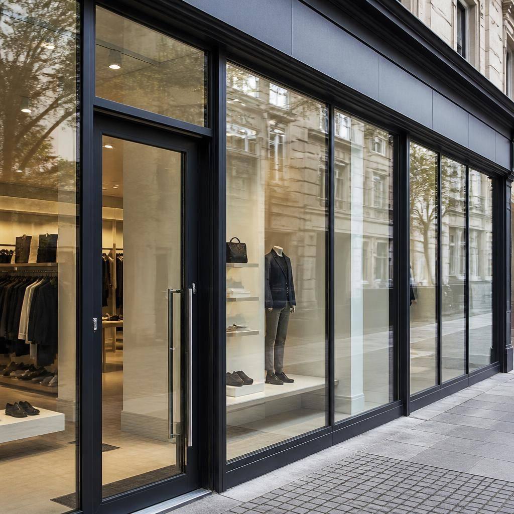 Commercial shop front with glazed entrance and framed display windows
