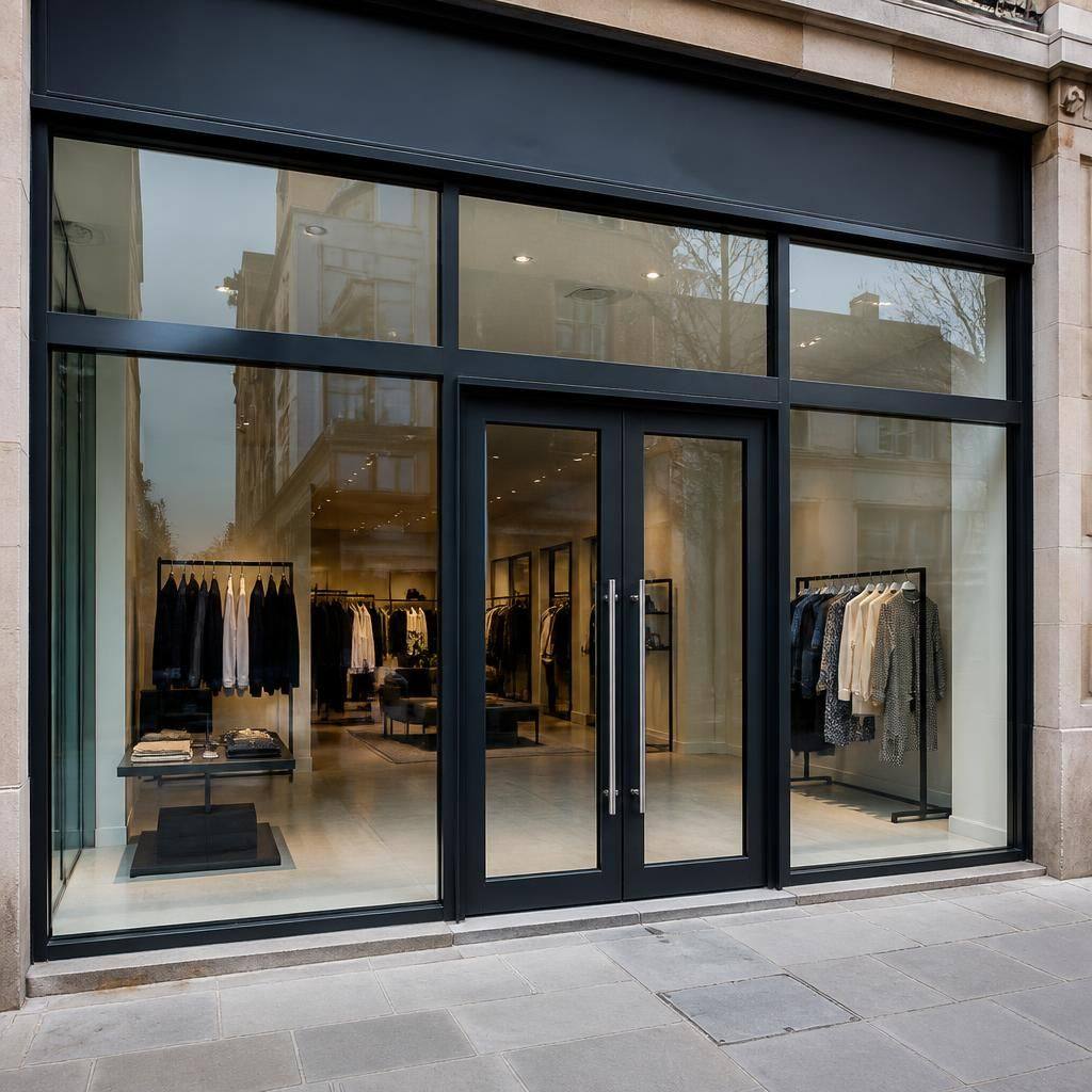 Aluminium-framed glazed shop front with double entrance doors