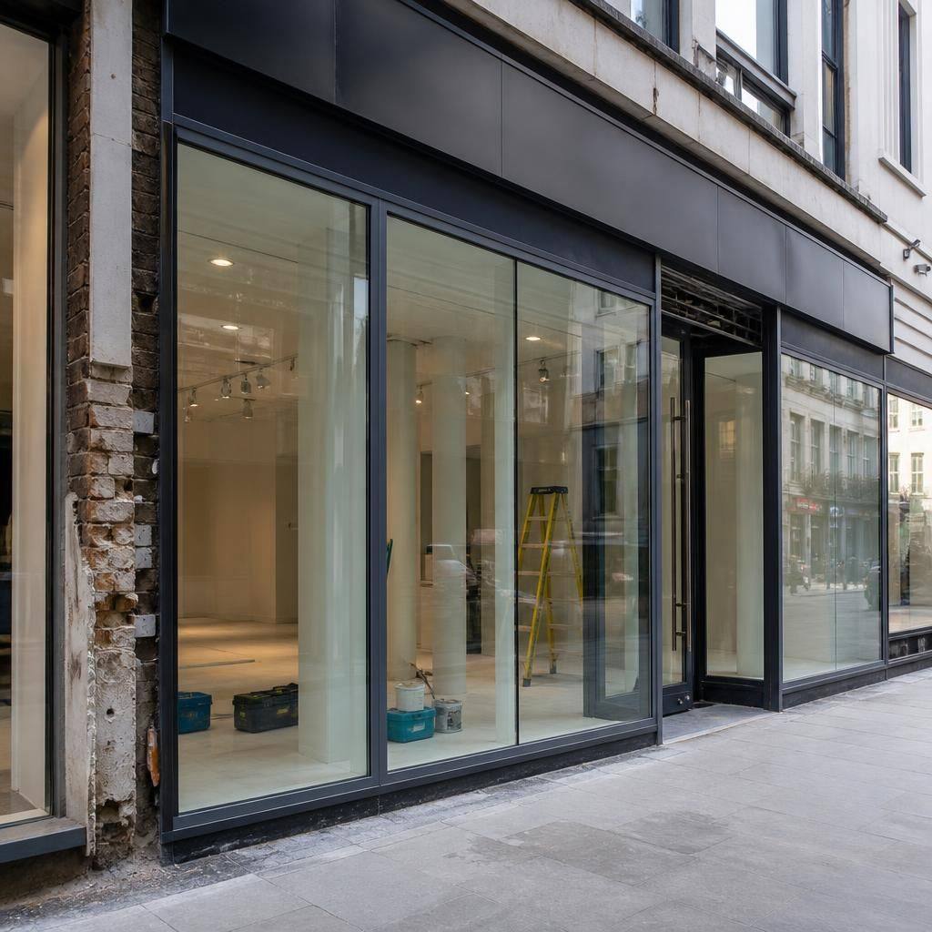 Commercial shop front with newly installed glass panels and aluminium framing