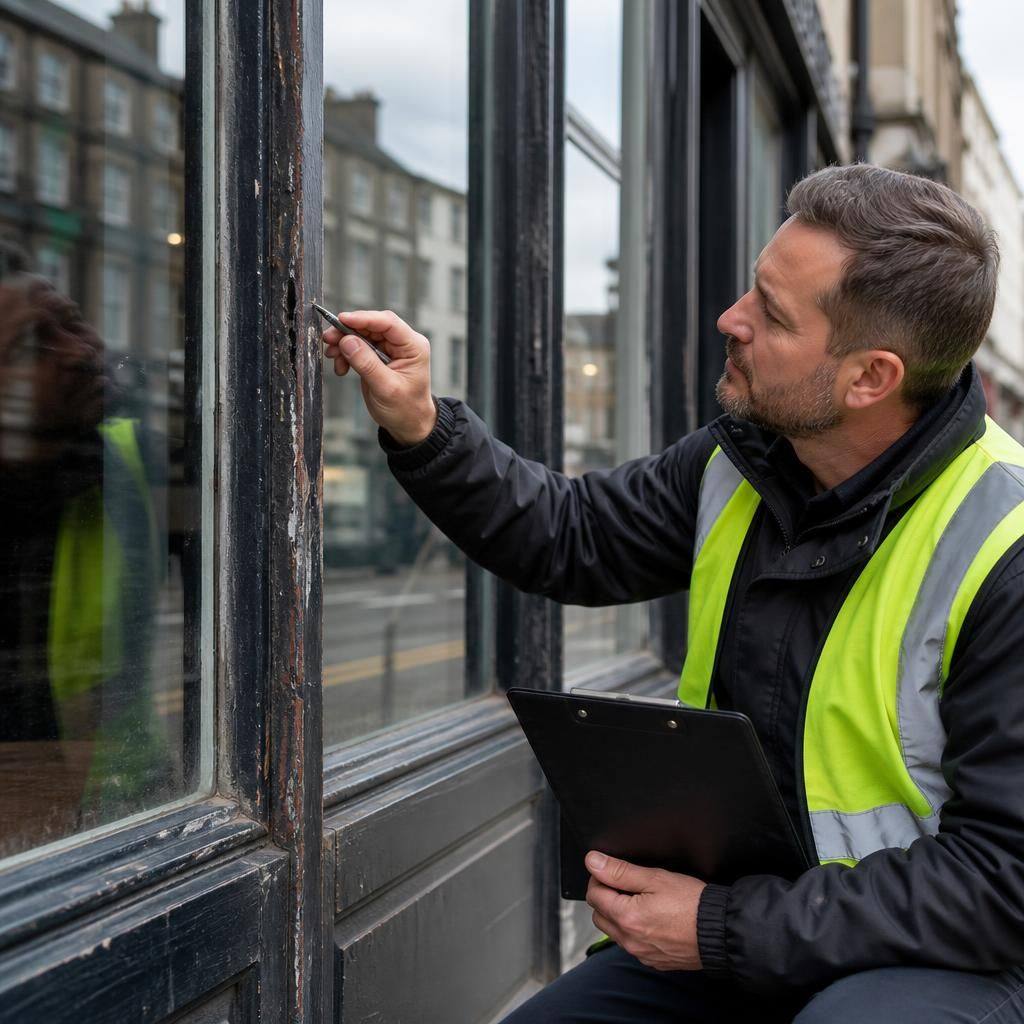 Glazier examining the frame and glazing of an older commercial shop front
