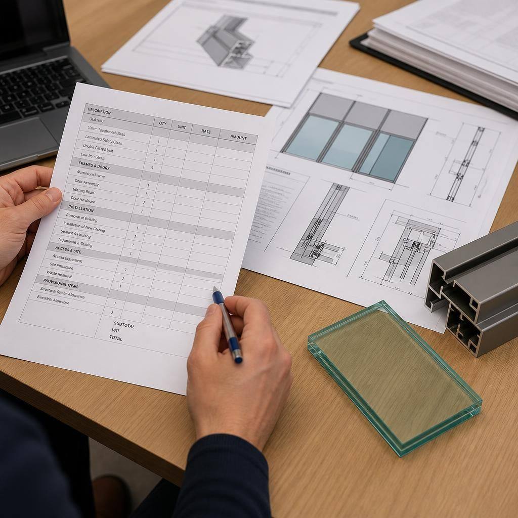 Itemised quotation beside glass and frame specification sheets