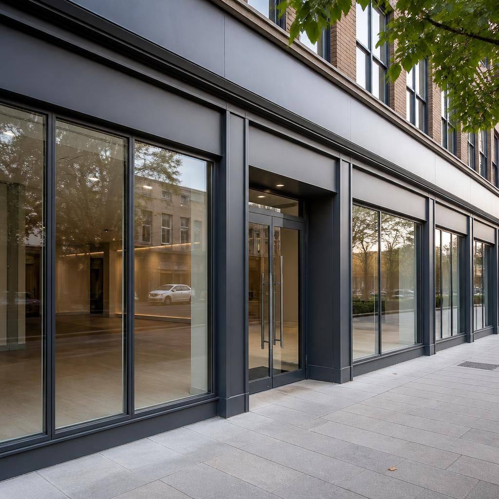Commercial shop front with glazed panels and aluminium framing
