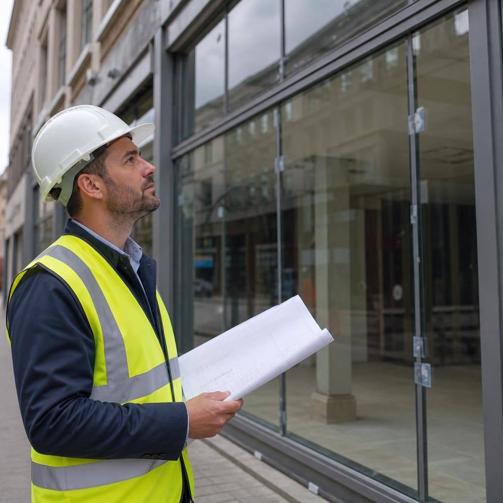 Glazier reviewing refurbishment plans beside a commercial shop front