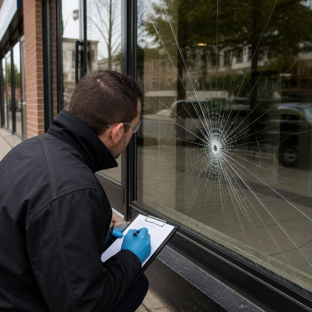 Glazier inspecting a damaged pane in a commercial shop front