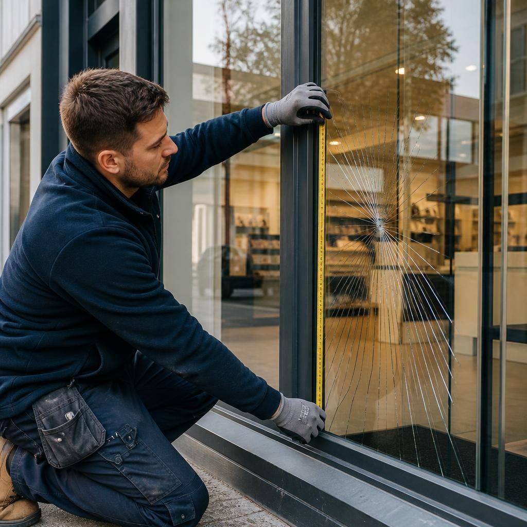 Glazier measuring a damaged pane in a commercial shop front