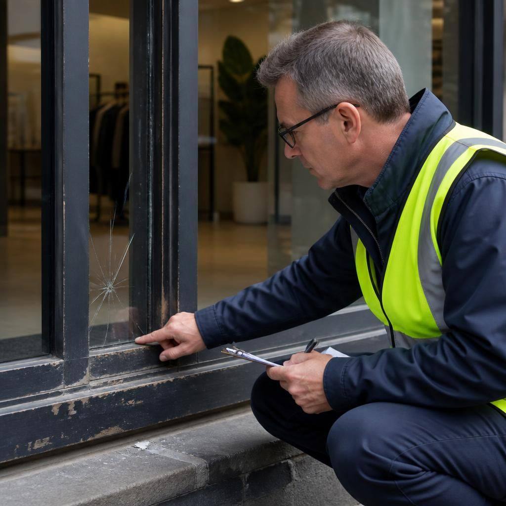 Glazier examining a damaged shop front pane and surrounding frame