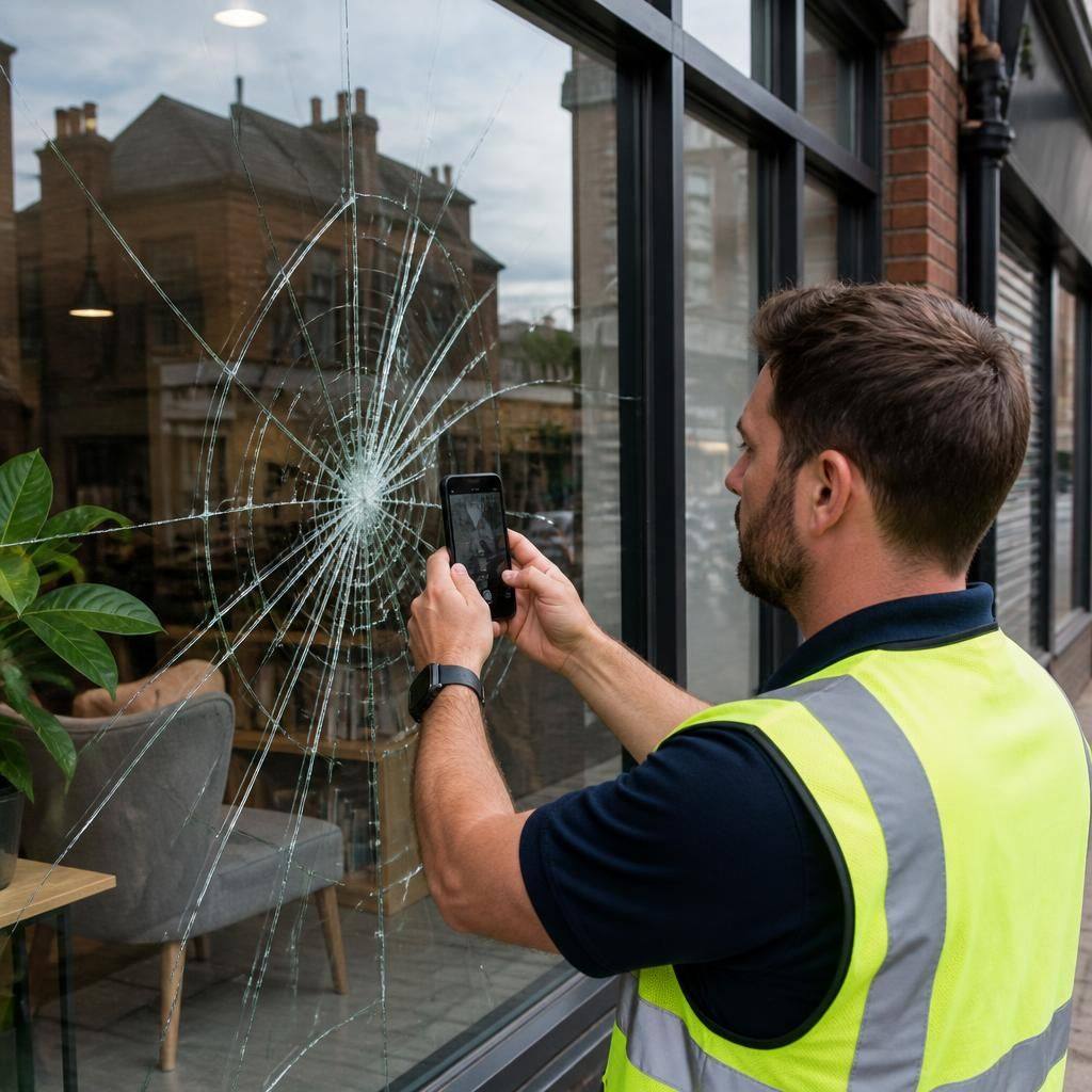 Glazier inspecting damaged glass in a commercial shop front