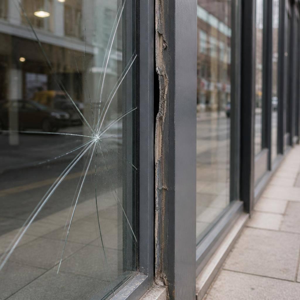 Cracked shop front pane beside a damaged glazing frame