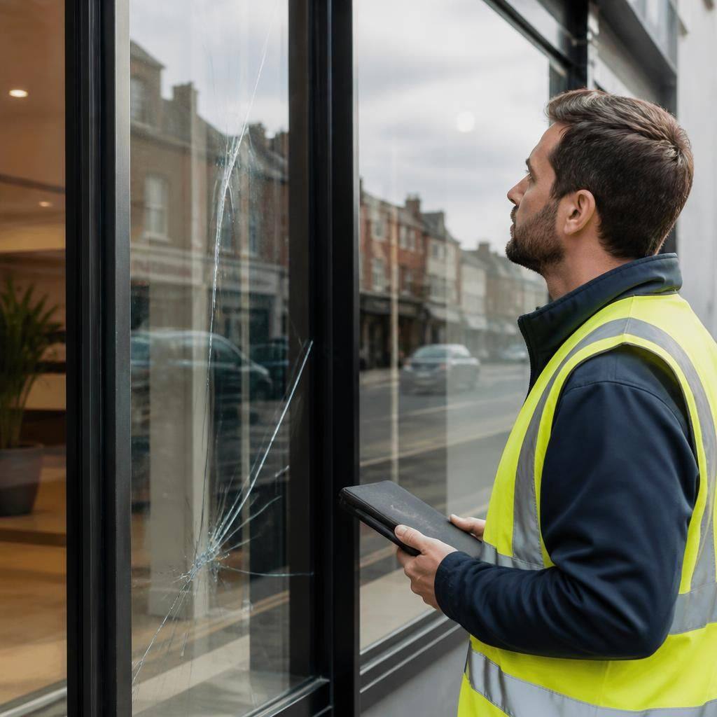 Glazier reviewing damaged shop front glass and its surrounding frame
