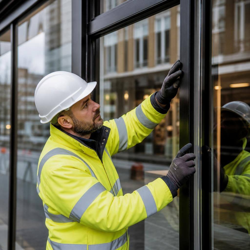 Glazier inspecting safety glass in a commercial shop front frame