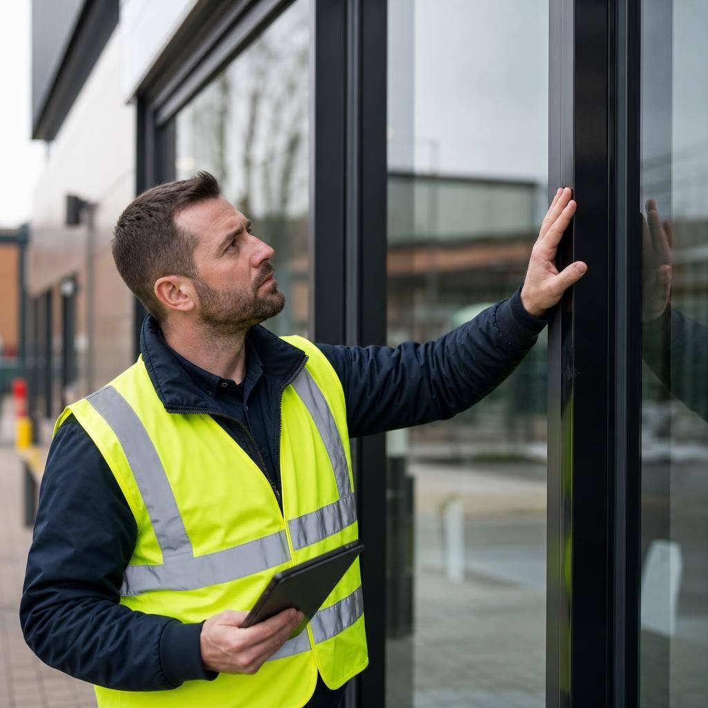 Glazier inspecting newly repaired shop front glass beside an aluminium frame