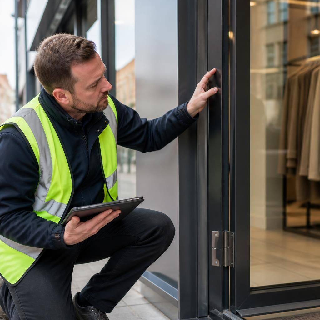 Glazier examining shop front glass, frame and door interfaces
