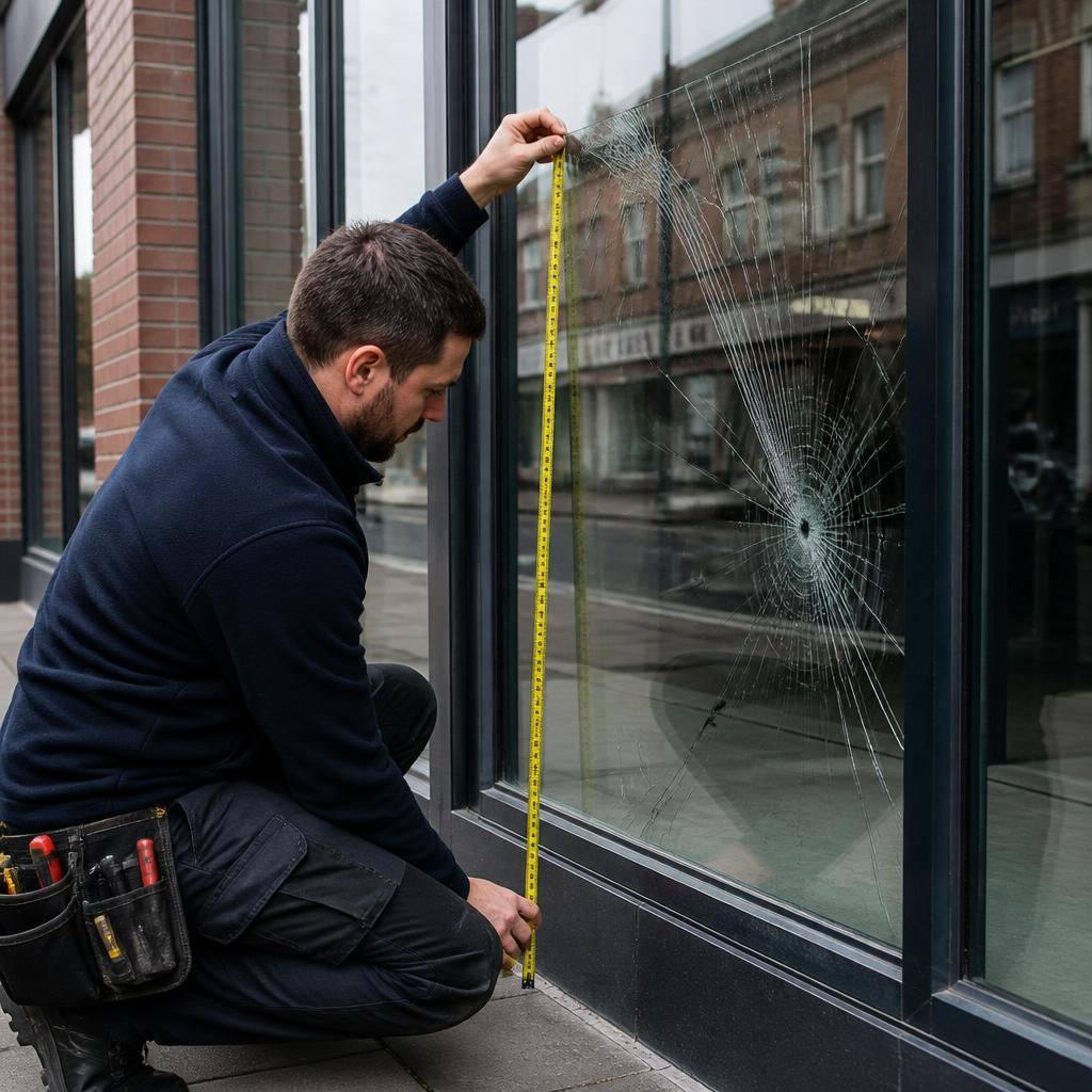 Commercial glazier measuring a damaged shop front pane