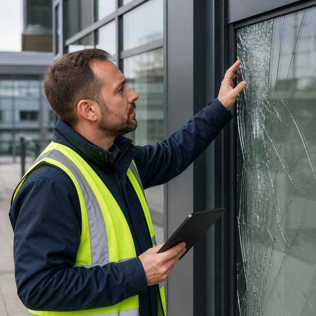 Glazing specialist examining a damaged commercial window and surrounding frame