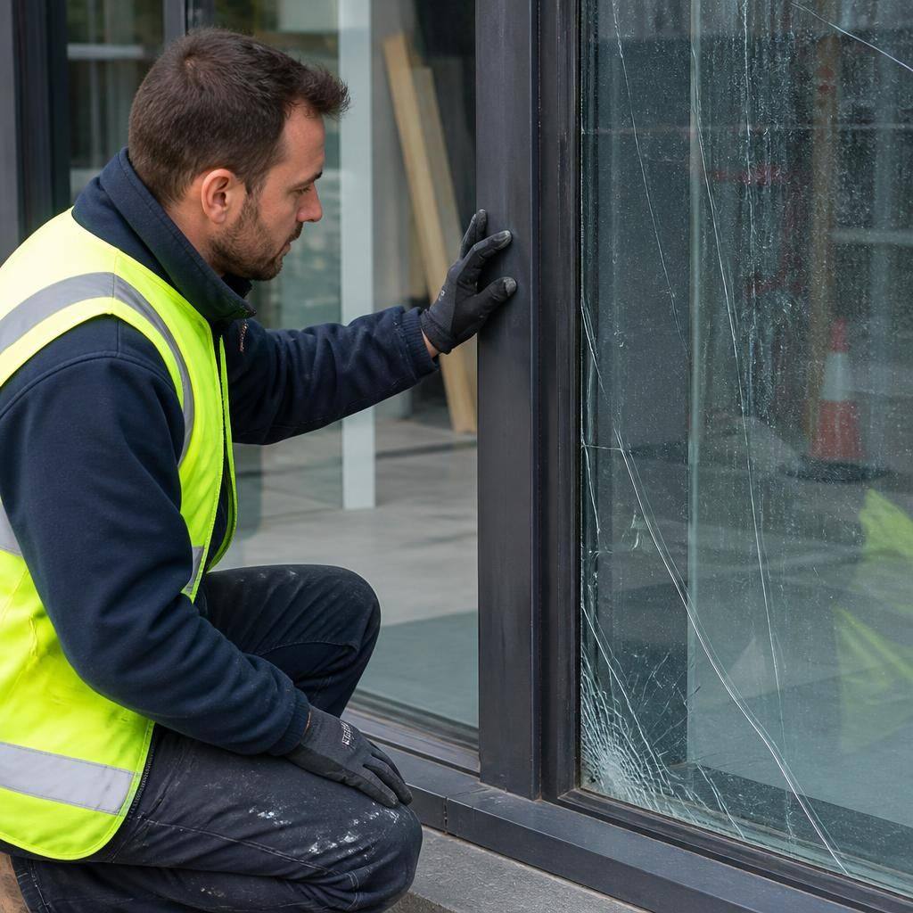 Glazier examining a commercial window frame beside a damaged pane