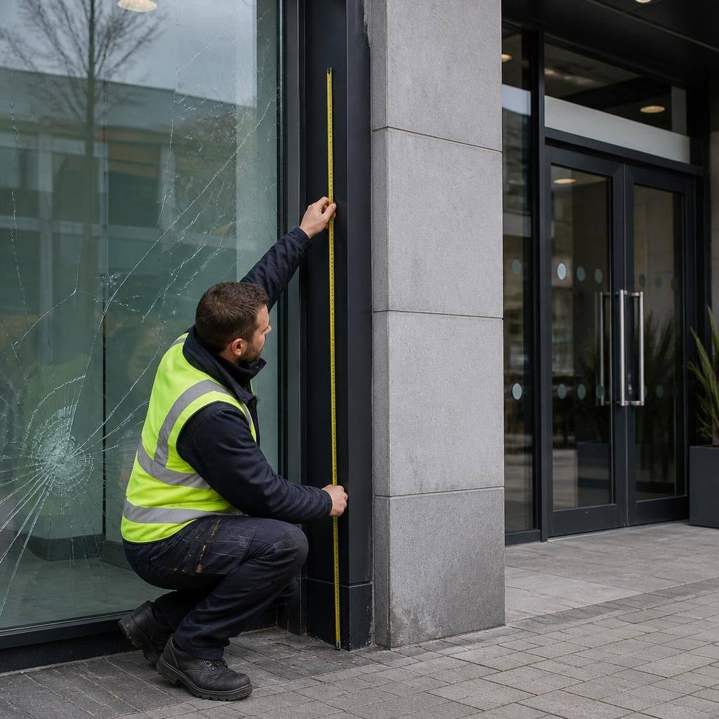 Glazing technician measuring a damaged shop front beside a commercial entrance