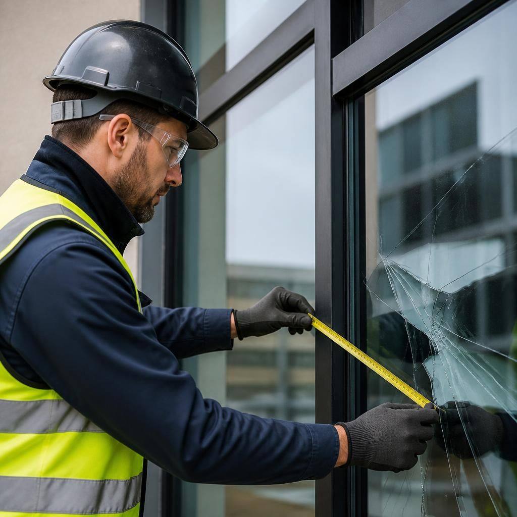 Glazier measuring a damaged commercial window frame for replacement glass