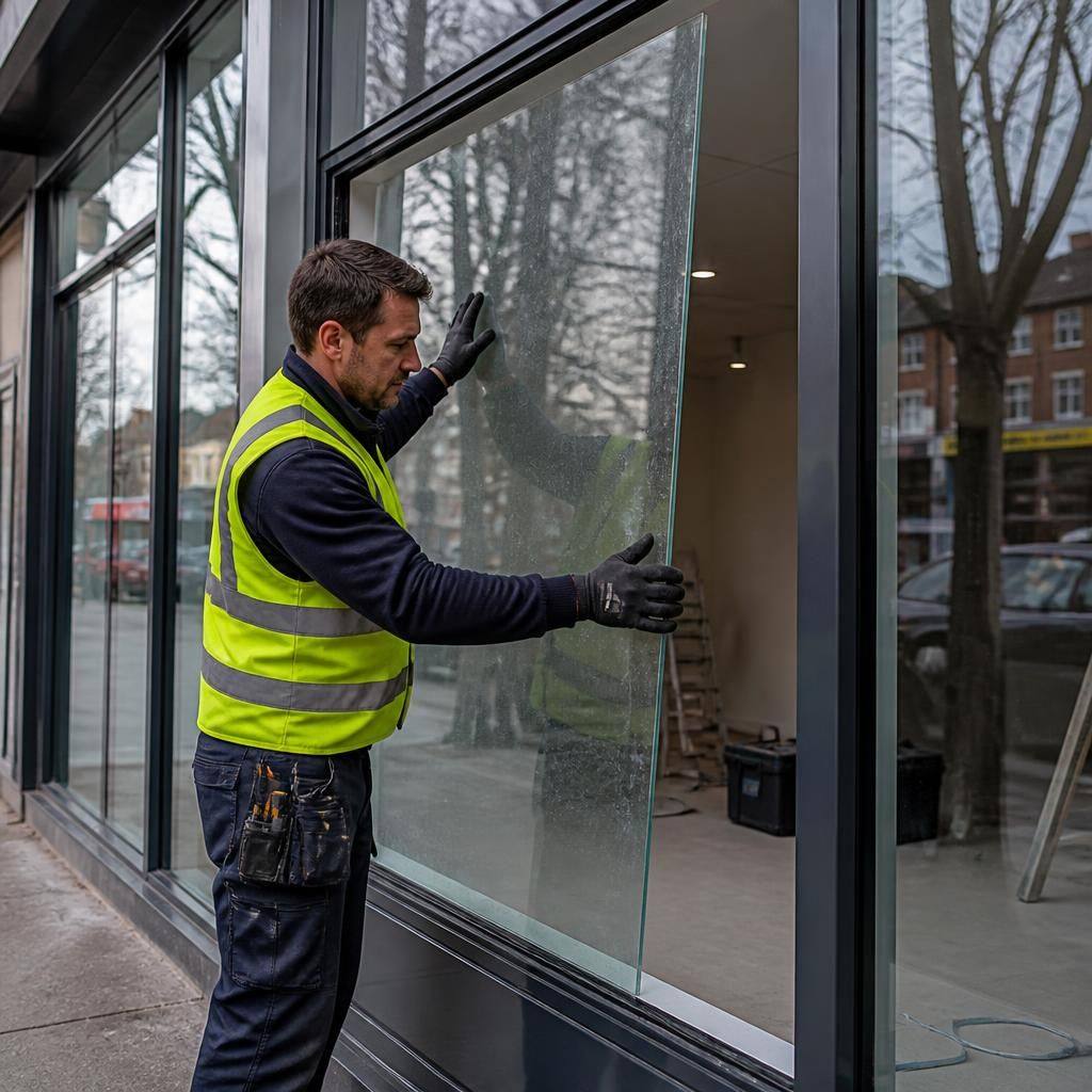 Glazier fitting a replacement pane into a commercial shop front frame
