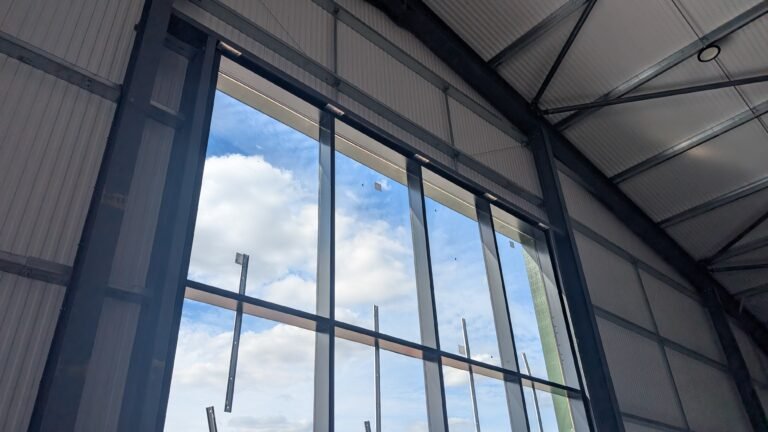 Interior view of the curtain walling installed at the new gym in Royston