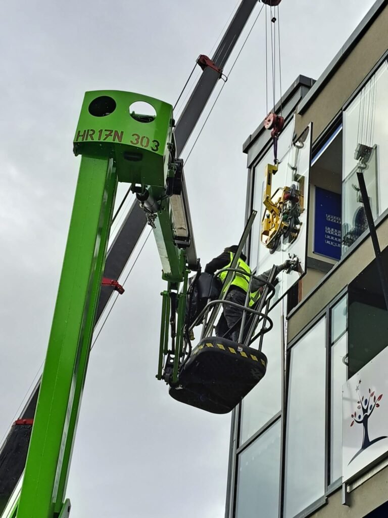 Specialist access platform used to install replacement glazing at Longsands Academy